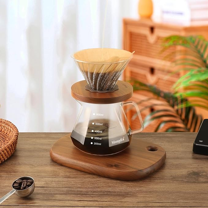 Mongdio Pour Over Coffee Maker 20 oz High-Heat Borosilicate Glass Coffee Maker with 100pcs Paper Filters 5 in 1 Drip Coffee Maker Set for Home Café Restaurant and Camping - 600ml Clear