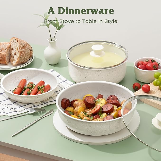 18 Pcs Pots and Pans Set Non Stick Cookware Sets with Detachable Handle Nonstick RV Kitchen Cooking Tools Removable Handles Oven Safe Induction Fast Stackable Induction Cookware White
