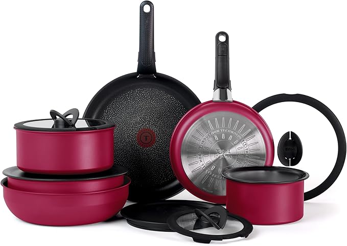 T-fal Ingenio Expertise Non Stick Cookware Set 14 Piece Induction Oven Broiler Safe 500F Cookware Pots and Pans Set RV Camping Frying Pans Dishwasher Safe Detachable/Removable Handle Pink