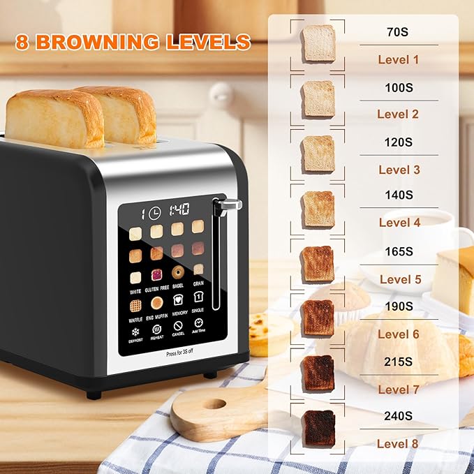 2 Slice Toaster Touch Screen Stainless Steel Toasters Digital Timer 2 Slot Toasters 8 Shade Settings 6 Bread Types for Bagel Cancel Defrost (Black)