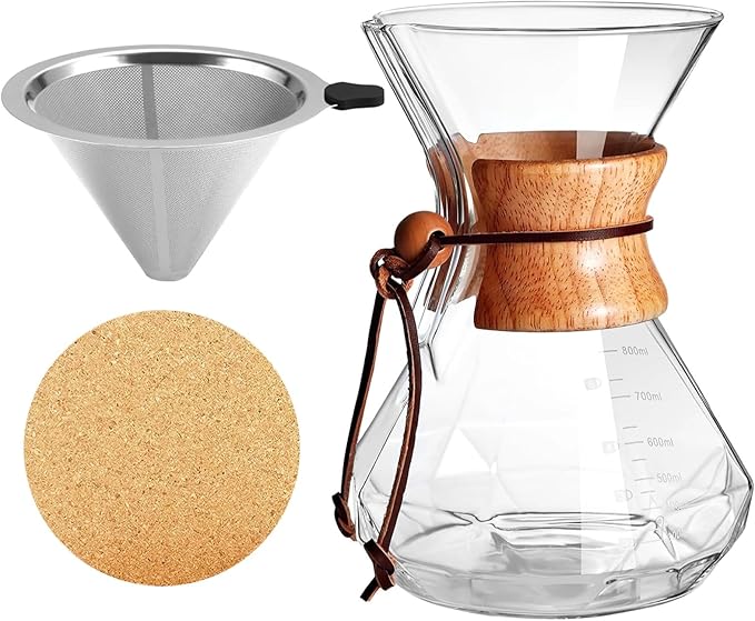 High Borosilicate Glass Coffee Maker Set 800 Ml Capacity with Wooden Handle Includes Stainless Steel Filter &amp Coasters for Coffee Lovers
