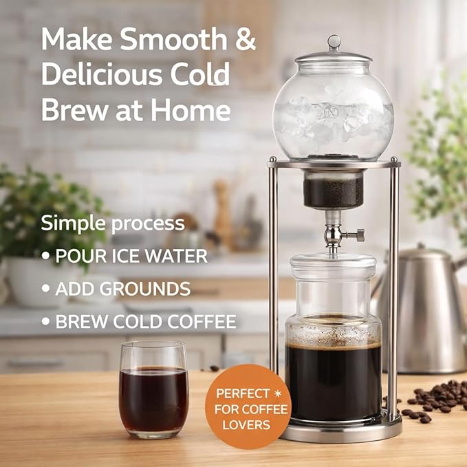 Nispira Luxury Ice Cold Brew Dripper Coffee Maker in Stainless Steel and Borosilicate Glass 1000 ml Silver