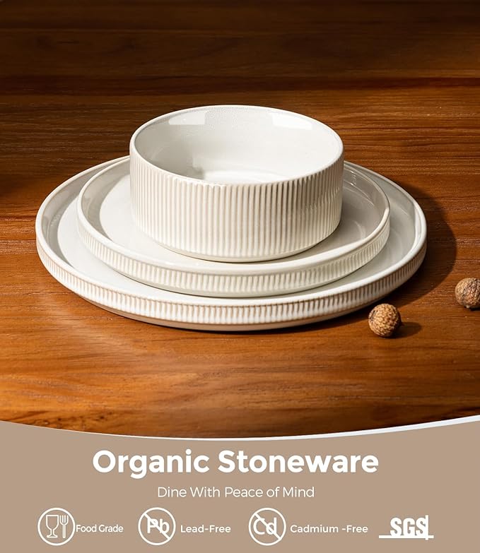 GBHOME Stoneware Dinnerware Sets for 4 12 Pieces Ceramic Ribbed Plates and Bowls Set Reactive Glaze Stackable Plate Sets Scratch Resistant Dishes Microwave &amp Dishwasher Safe Antique Cream