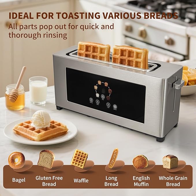 2 Slice Toaster with Touch Screen Slim Toaster For Long Slice 1.6 Wide Slot 6 Browning Levels 1000W Fast Heating Slim Stainless Steel Design for Bagels Baguettes Compact Kitchen &amp RV Use