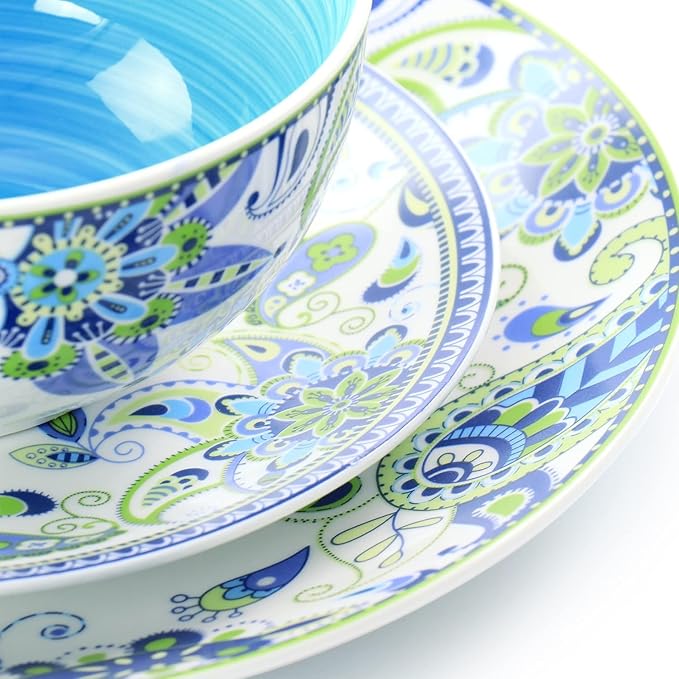 Blue Fiesta 16 Piece Porcelain Dinnerware Set – Round Mandala Plates Bowls &amp Mugs in Vibrant Blue and Green – Microwave &amp Dishwasher Safe Tableware for 4