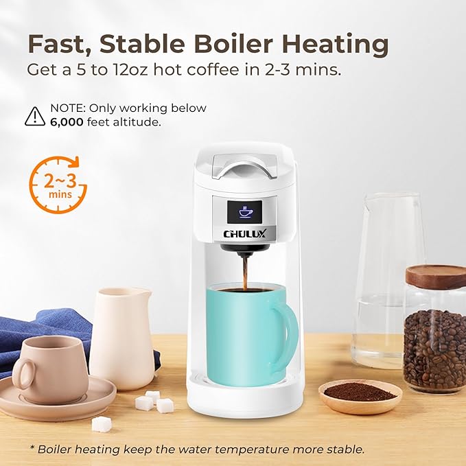 CHULUX Classic Single Serve Coffee Maker for K Cup One Button Easy Coffee Machine for Office RV Travel and Dorm White