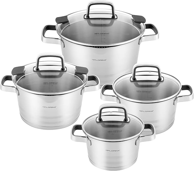 FLORINA Smart Cooking Pot Set 8-Piece Pot Set Made of High-Quality Stainless Steel Cooking Pots with Multifunctional Lid and Measuring Cup Silicone-Covered Handles Ideal for Induction Hobs Gas