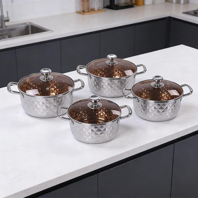 CHICIRIS Cooking Pots Stainless Steel Cookware Set 4 Piece Nonstick Pots and Pans Set with Double Non Slip Handles for Induction Electric and Gas Cooktops Dishwasher Safe
