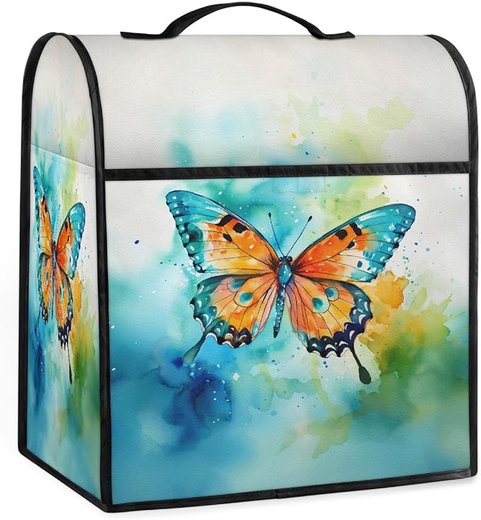 Kitchen Aid Mixer Cover Watercolor Butterfly Animal Stand Mixer Cover Compatible with 6-8 Quarts Stand Mixers Dust Covers with Zipper Pocket Foldable Washable Kitchen Aid Organizer Bag