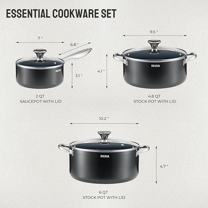 Induction Cookware Set 6-Piece Stackable Kitchen Cooking Pots Set 6qt 4.8qt &amp 2qt Pots with Lids Dishwasher Safe &amp Oven Safe Compatible with All Stoves Black