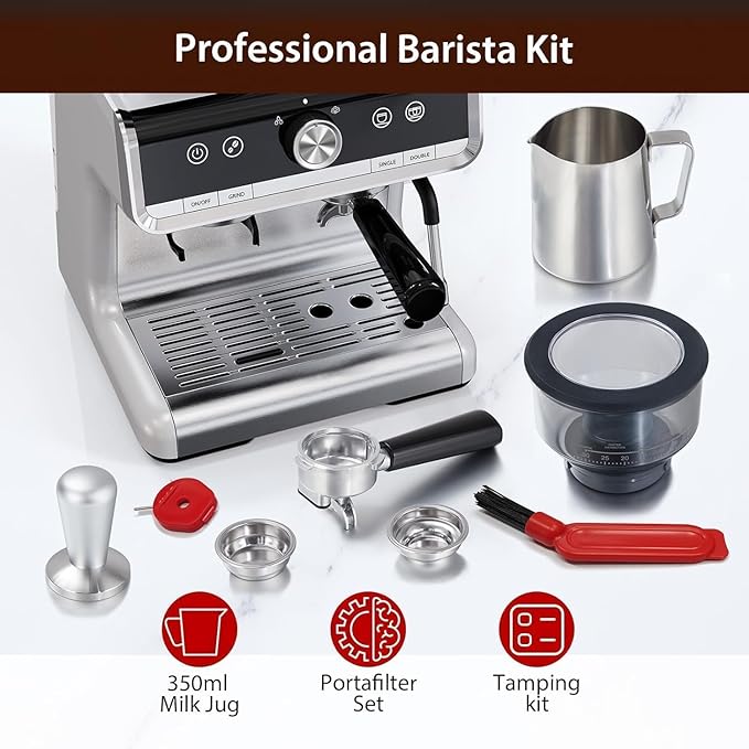 Towallmark Espresso Machine with Grinder 20 Bar Professional Coffee Maker for Home Milk Frother Removable Water Tank Steam Wand Perfect for Espresso Cappuccino Latte