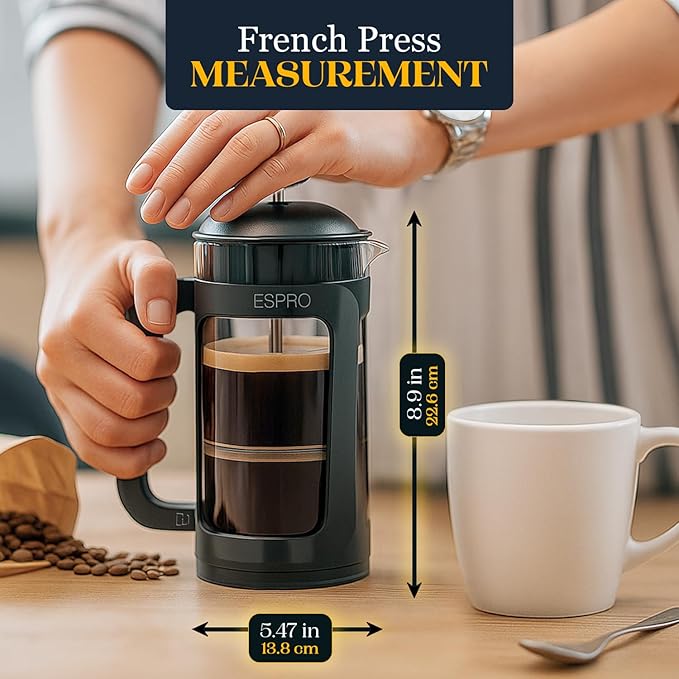 ESPRO P3 French Press Coffee Maker – Patented Double Micro-Filter for Grit-Free Brew Heat Resistant thicker Borosilicate Glass Coffee press – (18 oz)
