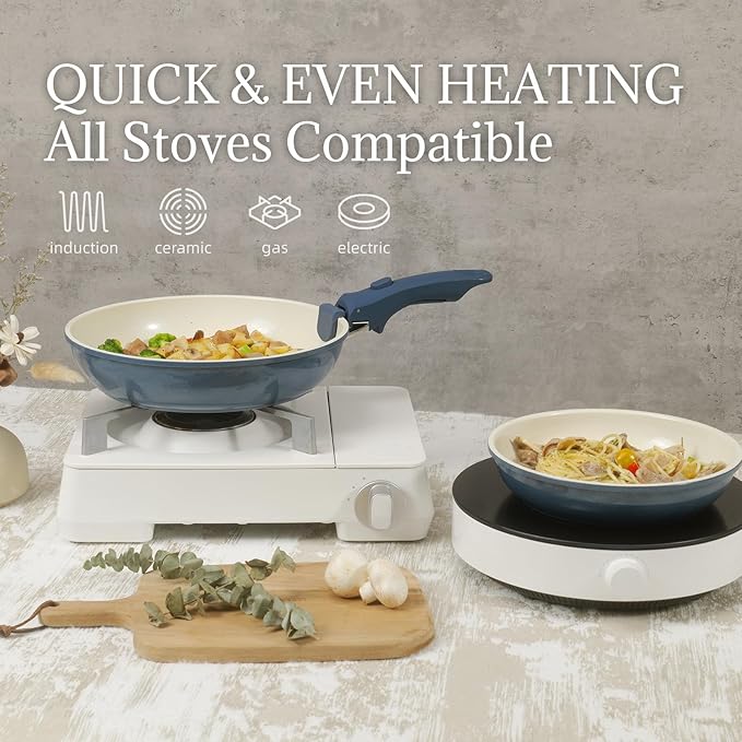 Ceramic Cookware Set Non Stick 8Pcs Pots and Pans Set Detachable Handle Induction Kitchen Cooking Set with Frying Pans Oven Dishwasher Safe PFAS/PFOA Free Navy