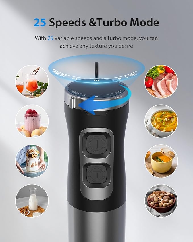 1000W Powerful Immersion Blender Handheld 2025 New Update Hand Blender with 25-Speed and Heavy-Duty Copper Motor (Silver)