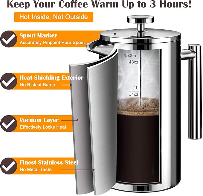 French Press Coffee Maker 1.5L Double Insulated 304 Stainless Steel Tea Maker 4 Level Filtration System No Coffee Grounds Rust-Free Dishwasher Safe 50oz Coffee Press for Family Party