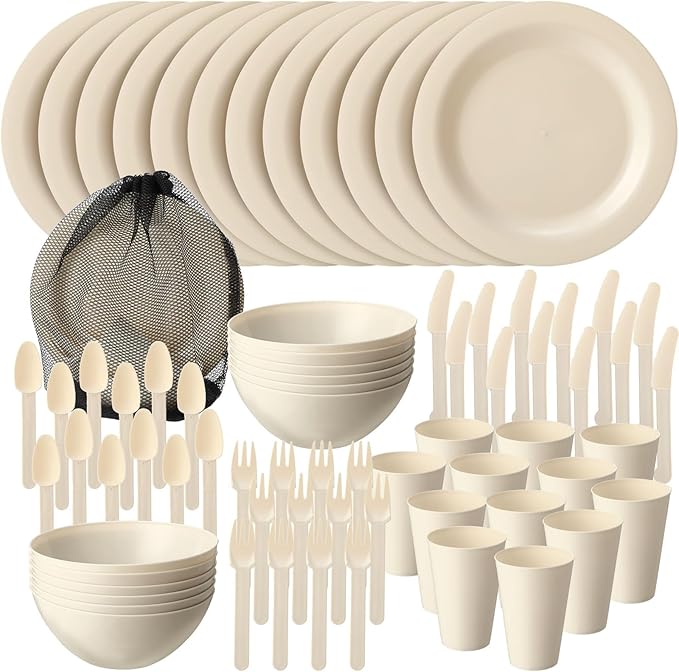 LemonRoad 12 Set College Dorm Dishes Essential Kit Plates and Bowls Back to School Beige Room Dishes Set with Storage Mesh Bag Cup Microwave Dinnerware Picnic for RV Camping