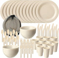 LemonRoad 12 Set College Dorm Dishes Essential Kit Plates and Bowls Back to School Beige Room Dishes Set with Storage Mesh Bag Cup Microwave Dinnerware Picnic for RV Camping