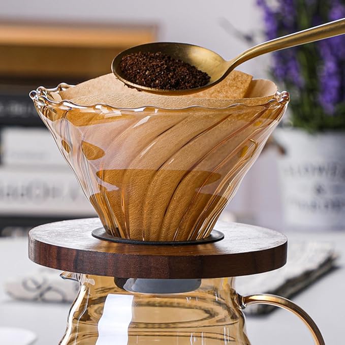 Pour Over Coffee Maker Set 500ML Glass Carafe Coffee Server with Dripper Set V60 Glass Coffee Filter with Wood Base for Home Office Gift 1-4 Cups