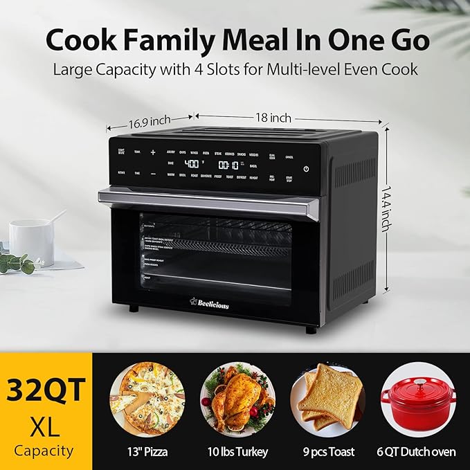 Beelicious 32QT Extra Large Air Fryer 19-In-1 Air Fryer Toaster Oven Combo with Rotisserie and Dehydrator Digital Convection Oven Countertop Airfryer Fit 13 Pizza 6 Accessories 1800w