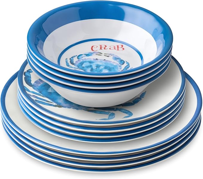 Beach House Crab 12-Piece Melamine Dinnerware Set – Vibrant Coastal Charm Service for 4 Blue &amp White Nautical Design Durable Shatterproof Lightweight and Dishwasher-Safe