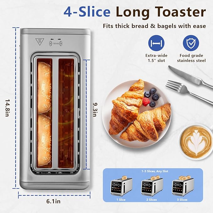 Smart Toaster 4 Slice Touch Screen Digital Toasters with 6 Browning Levels &amp 5 Bread Types Bagel Extra Long Wide Slots Memory Function Timer 1400W Stainless Steel