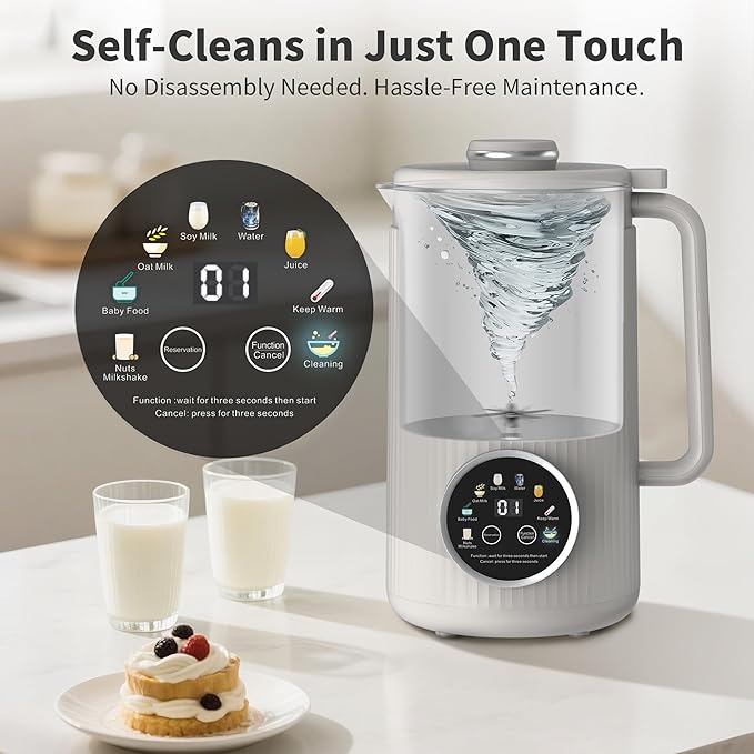 35oz Nut Milk Maker Machine: 8-in-1 Soy Milk Maker with Auto Clean &amp 20-Blade - Multi-Function Nut Milk Machine with Self-Cleaning Auto Shutoff for Vegan Drink (White)