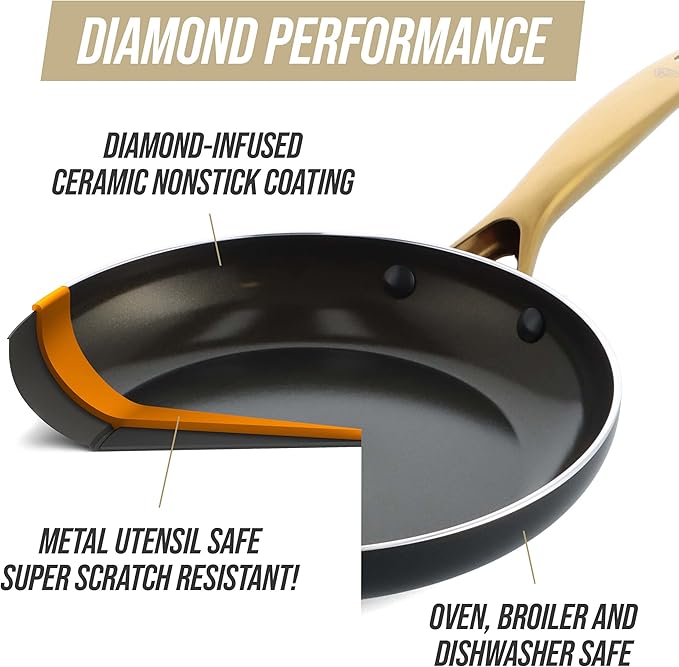 Blue Diamond Gold 10 Piece Cookware Pots and Pans Set Induction Suitable Diamond Infused PFAS-Free Ceramic Nonstick Durable Metal Utensil Safe Dishwasher Safe Gold Handle Black