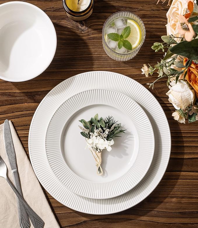 TheTerra Stoneware Dinnerware Sets for 6 18 Pieces Ceramic Plates and Bowls Sets Scratch Resistant Embossed Dish Set Oven Microwave &amp Dishwasher Safe Bright White