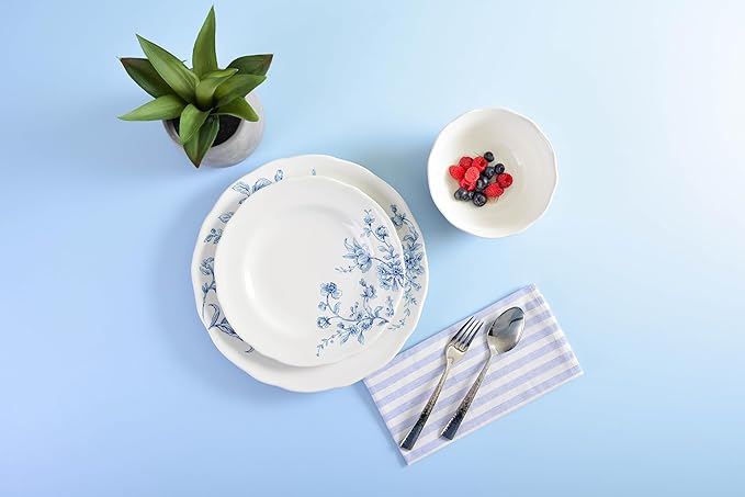 222 Fifth 12-Piece Porcelain Dinnerware Set for 4 White &amp Blue Plates and Bowls Set Glossy Ceramic Dish Set with Beautiful Floral Design Elegant Kitchen Dishes Microwave &amp Dishwasher Safe