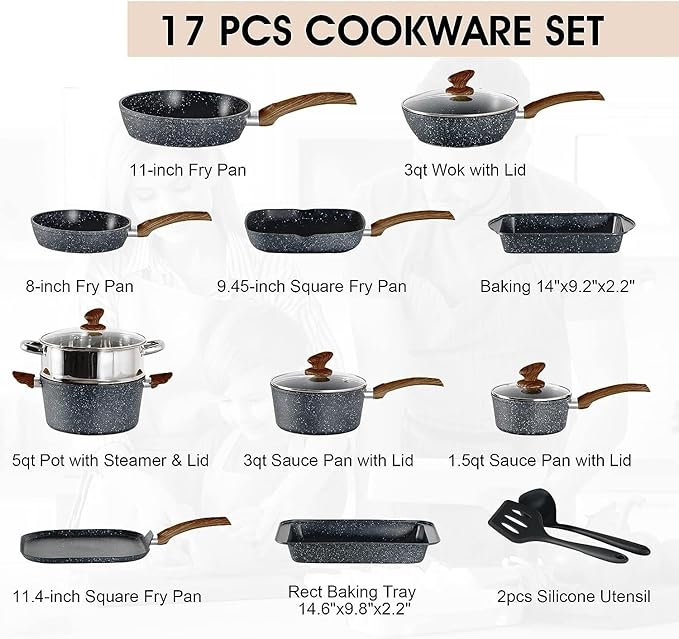 17 Piece Pots and Pans Set Non Stick Kitchen Cookware Sets with Nonstick Granite Stone Coating Suitable for Induction Cooktops Black