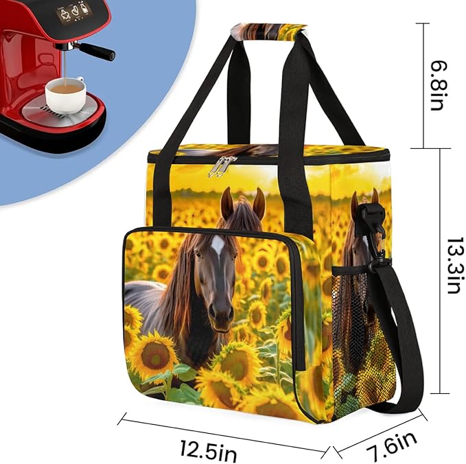 Coffee Maker Carrying Bag Horse Sunflower Floral Single Cup Coffee Maker Travel Bag Compatible with Keurig K-Mini or K-Mini Plus Portable Storage Bag with Shoulder StrapAZ-200