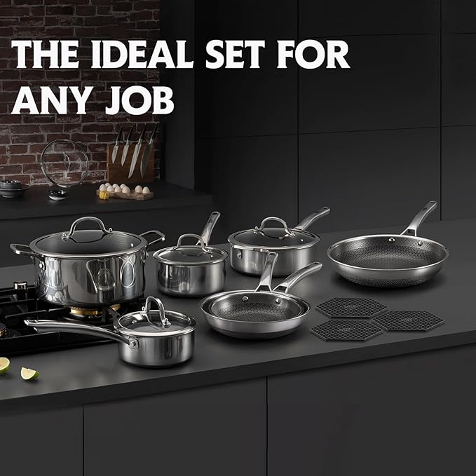 SNOWCLAD Pots and Pans Set Non Stick 14 Pcs Hybrid Stainless Steel Cookware Sets Non Stick Frying Pans Saucepans Saute Pan &amp Stock Pot PFOA Free Kitchen SkilletInduction Compatible