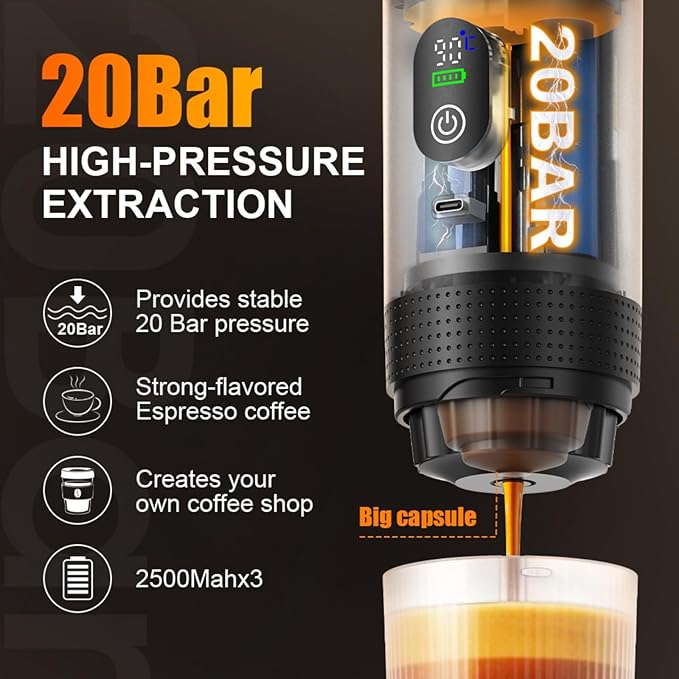 Portable Capsule Electric Coffee Machine 20Bar Espresso Small Coffee Maker for Home Use with Capsules and Powder for Camping/Office/Travel Fast Heating (black)