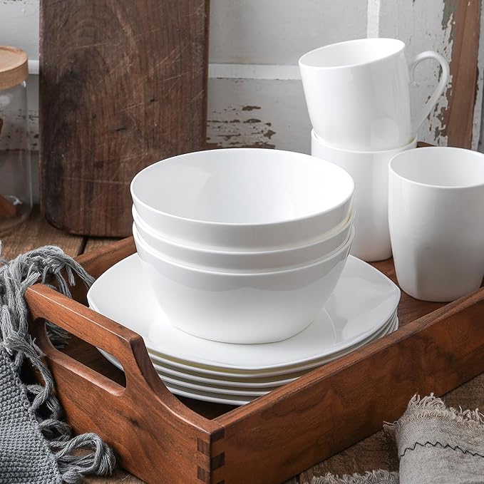 Stone Lain Bone China Soft Square 16 Piece Dinnerware Set White