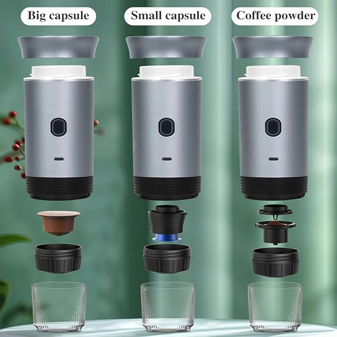 Portable Mini Coffee Maker15 Bar Pressure Espresso MachineCold or Hot 120ML Electric Coffee MakerSmall Handheld Coffee Machine for HomeOfficeTravel (Silver)