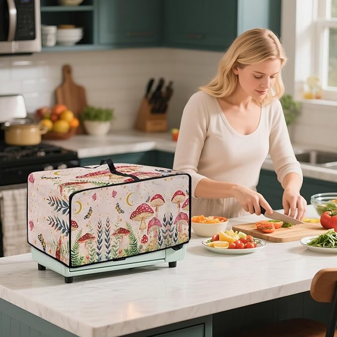 Mushroom Butterfly Toaster Oven Cover Heavy Duty Heat-resistant Waterproof Dust-Proof Protective Case with Side Pockets for Bake Air Fry Toaster Oven Easy Maintenance