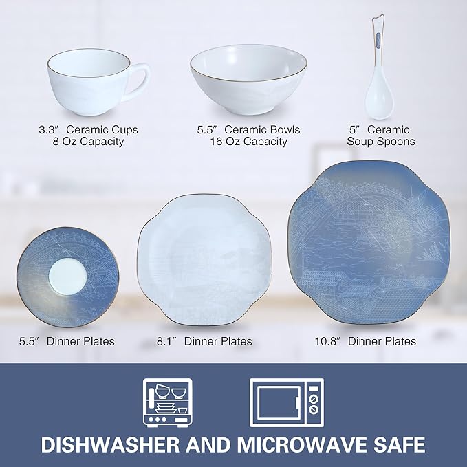 Blue 24 Piece Porcelain Dinnerware SetBone china for 4 Plates and Bowls Sets With Beautiful Pattern Highly Chip and Crack Resistant | Dishwasher Safe Dishes Set (Deep Blue + Pattern)