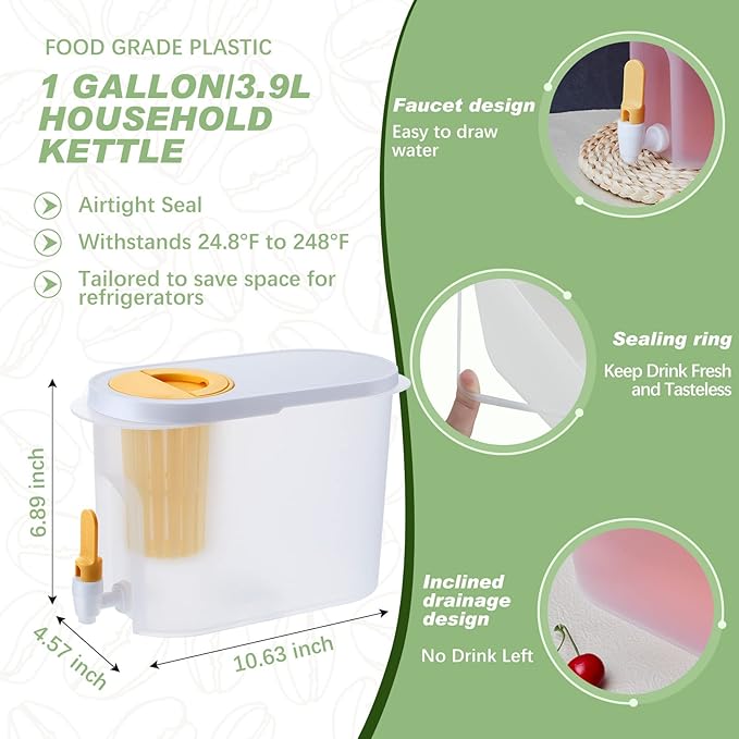 Gerrii 2 Pcs Cold Brew Maker 1 Gallon Plastic Beverage Dispenser with 2 Filters Drink Dispenser for Fridge Cold Brew Pitcher with Spigot Container for Juice Water Tea(Green Yellow)