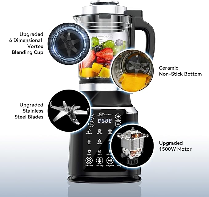 Glass Blenders for Kitchen with Tamper Blender for Smoothies Professional Blenders 1500W Motor 9 Adjustable Speeds 14 Preset Programs High-Speed Heating Blender for Nut Milk Soups Sauces &amp