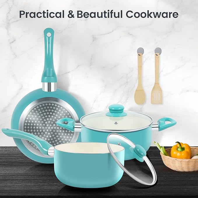 Pots and Pans Set 7 Piece Nonstick Ceramic Cookware Set Kitchen Induction Cookware Sets Pots and Pans Non Stick with Stay Cool Handle 100% PFOA Free Turquoise