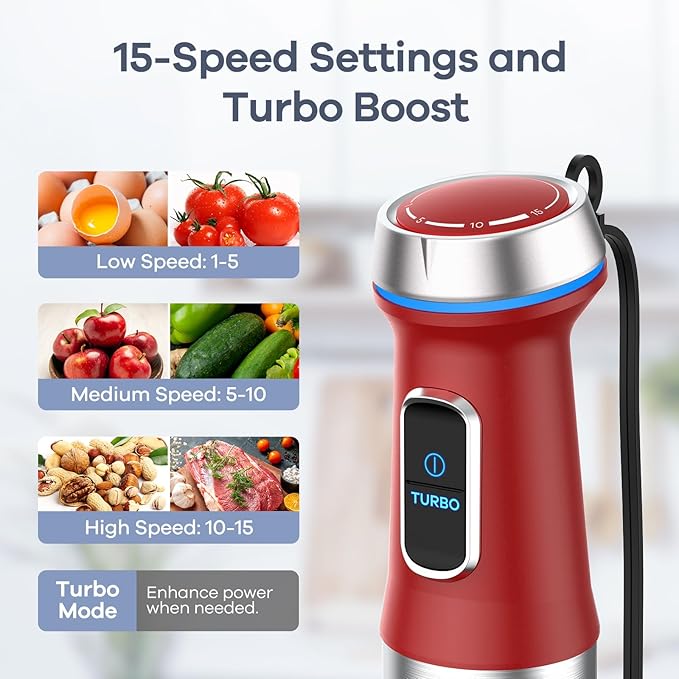 Ganiza Immersion Blender Handheld 6 in 1 Hand Blender Stainless Steel Blade 15 Speed Stick Blenders 800ml Mixing Beaker 600ml Chopper Whisk Frother Potato Masher Red