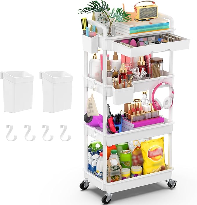 Goovilla 4 Tier Rolling Utility Cart Organizer with Removable Drawer Stable and Sturdy White Rolling Storage Carts with 2 Lockable Wheels for Bathroom Kitchen Snack Craft Makeup Baby Essentials