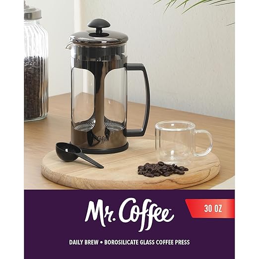 Mr. Coffee Daily Brew French Press Coffee Maker 30-Ounce Glass Carafe with High Heat Resistant Durable Borasilicate Glass &amp Gunmetal Frame and Plunger Includes Coffee Scoop