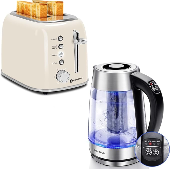 Aigostar Toaster 2 Slice Retro Extra-Wide Slot Toasters and Electric Kettle Tea Kettle with Temperature Control and Tea Infuser 1500W Hot Water Kettle with Variable Temperature Keep Warm Function