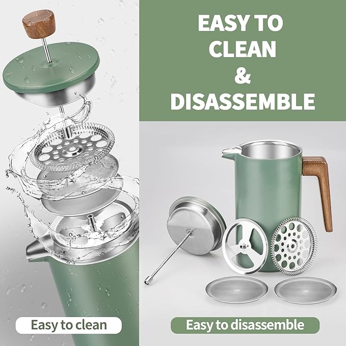 French Press Coffee Maker 34oz Stainless Steel Green Coffee Press Real Wood Handle Double Wall Insulated French Coffee Press with Dual-Filter Screen Perfect for Camping &amp Kitchen Use