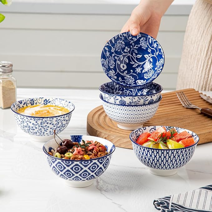 12 Pcs Ceramic Dinnerware - 12 OZ Dessert Bowls and 8 IN Rectangle Serving Platter Set - Service for 6 - Vintage Blue