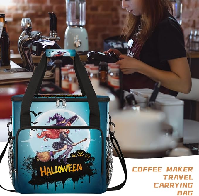 Halloween Witch Broom Moon Coffee Maker Carring Bag Travel Carrying Storage Tote Bag Compatible with Keurig K-Mini or K-Mini Plus Portable Single Serve Coffee Brewer Case with Pockets for K-cup Pods