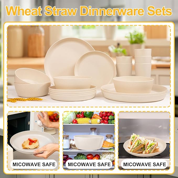 EI 24pcs Wheat Straw Dinnerware Set Beige Wheat Straw Plates Reusable Unbreakable Plates for Camping Picnics &amp Family Dinners