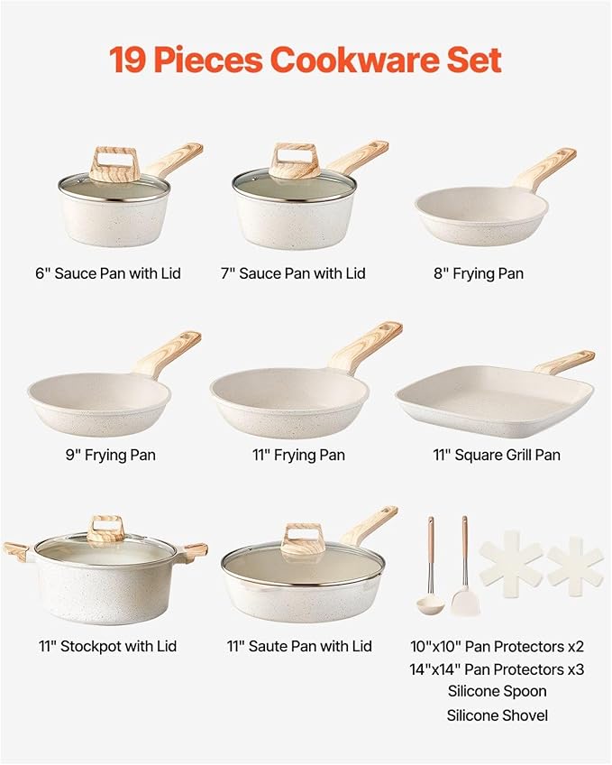 19 Piece Granite Nonstick Pots And Pans Set Induction Compatible Kitchen Cookware White