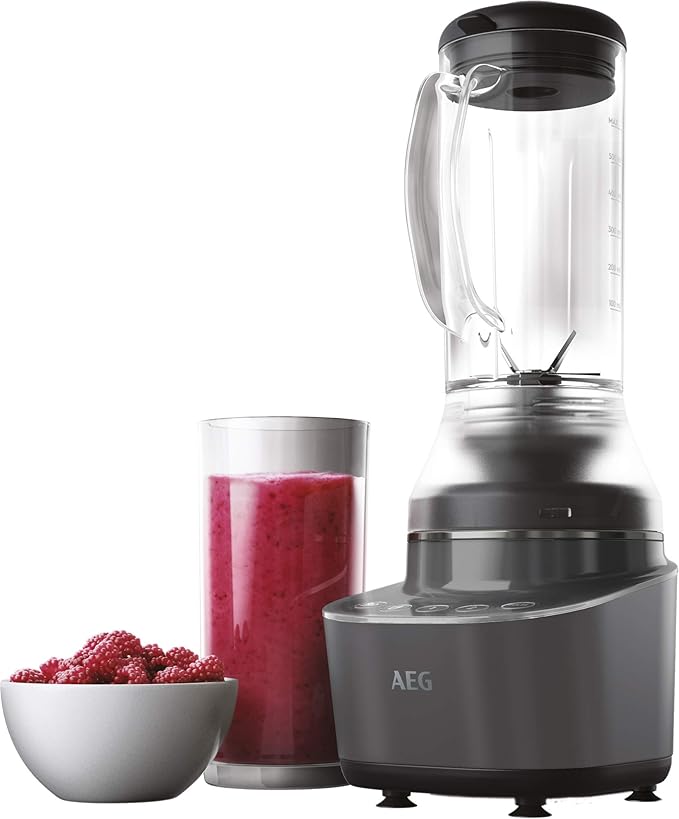 AEG CB7-1-8MTM Compact Blender (2 Levels 2 Recipe Programmes Pulse Function Includes Accessories LED Backlit Buttons 6-Blade Stainless Steel Knife 0.6 Litre Tritan Jug Grey)